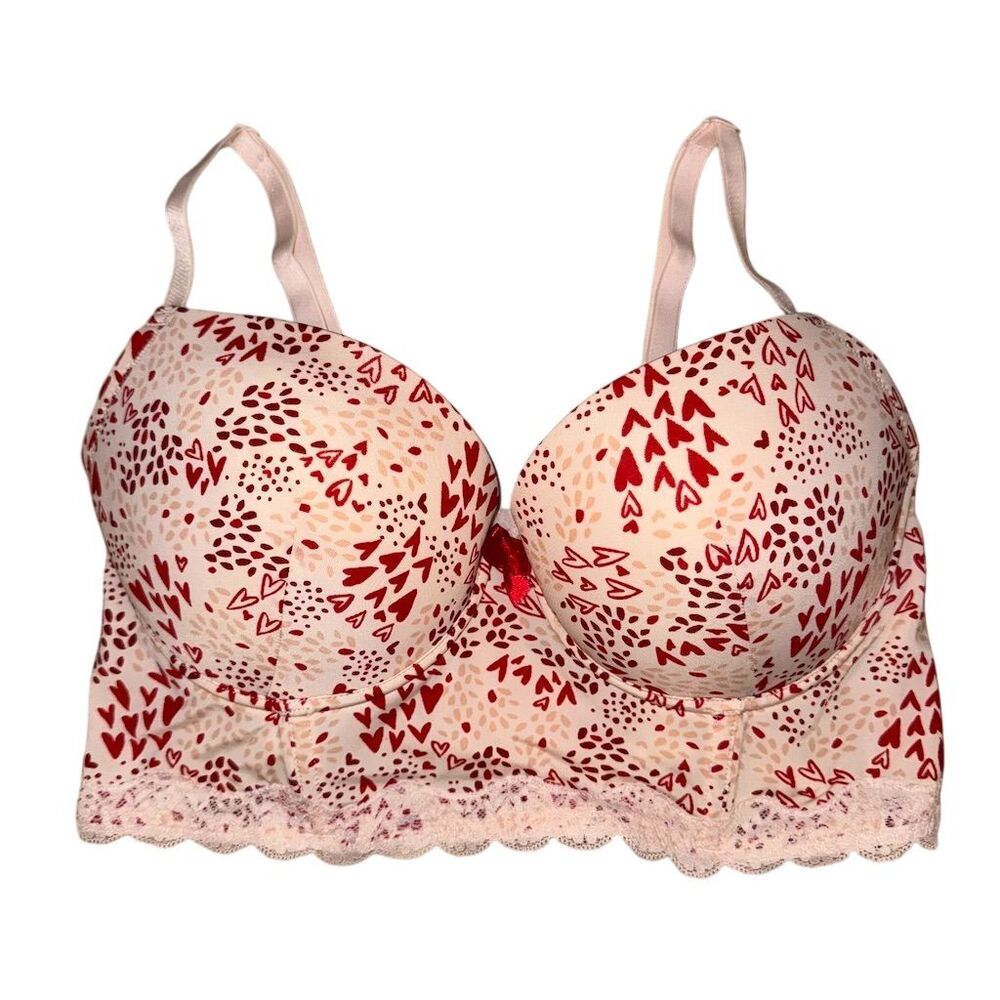 Adore Me Women's‎ Longline Bra 34DD Pink Hearts Underwire Lace Trim